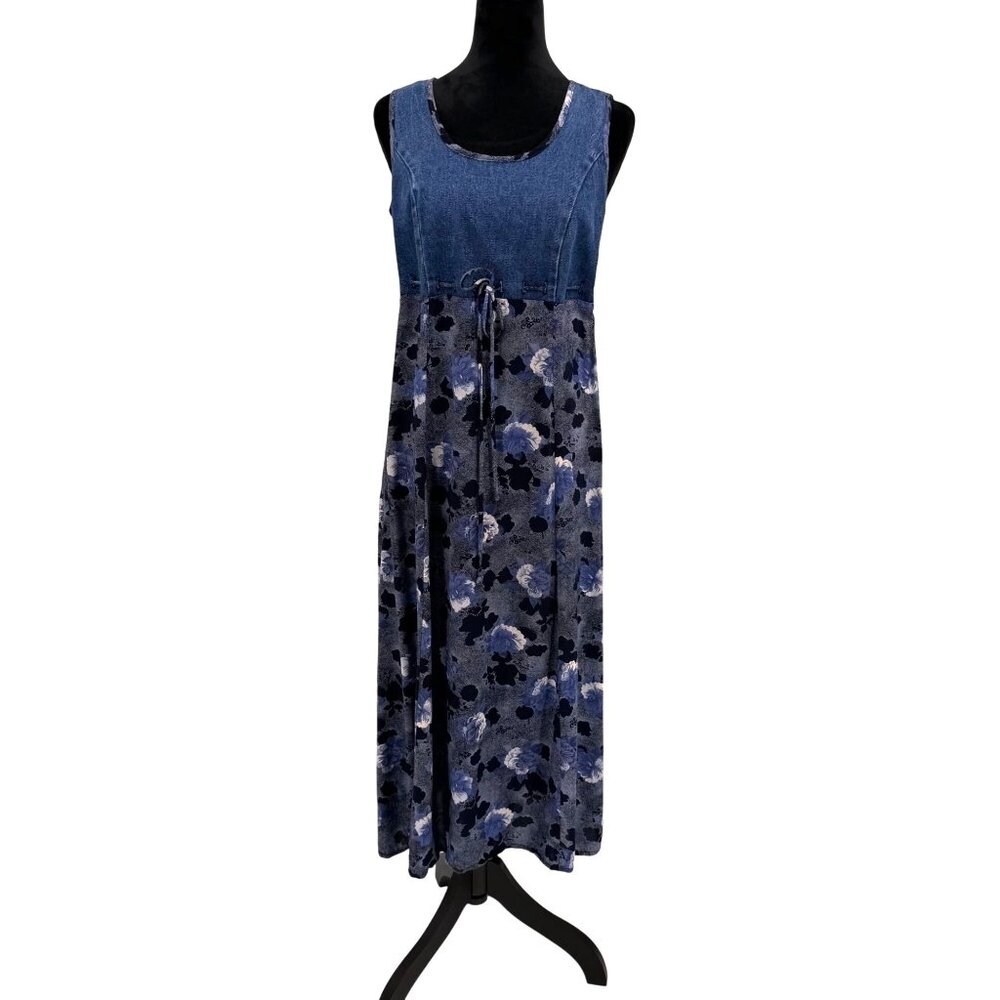 Vtg Denim Prairie Dress Womens M Flowy Floral Cottagecore Country Blue USA Jean